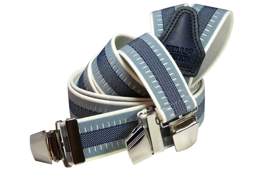 PIERROT Brede bretels voor heren, gemaakt in Frankrijk, zeer robuust elastiek en 4 extra sterke X-clips, grootte verstelbaar tot 130 cm, handgemaakt, Marineblauw Beige Rood, One Size