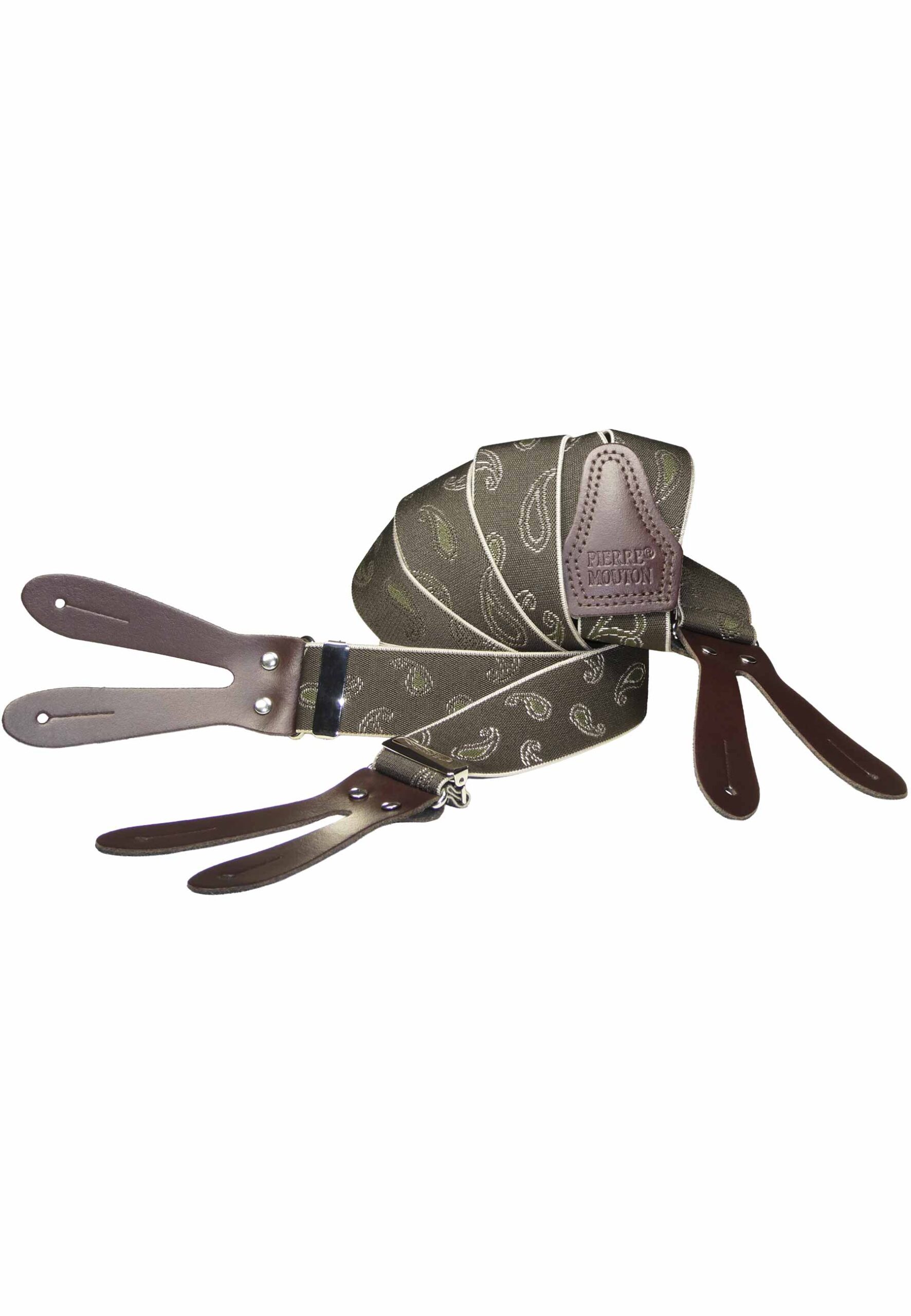 Bruine paisley bretel met lederen patten, ambachtelijk handgemaakt.