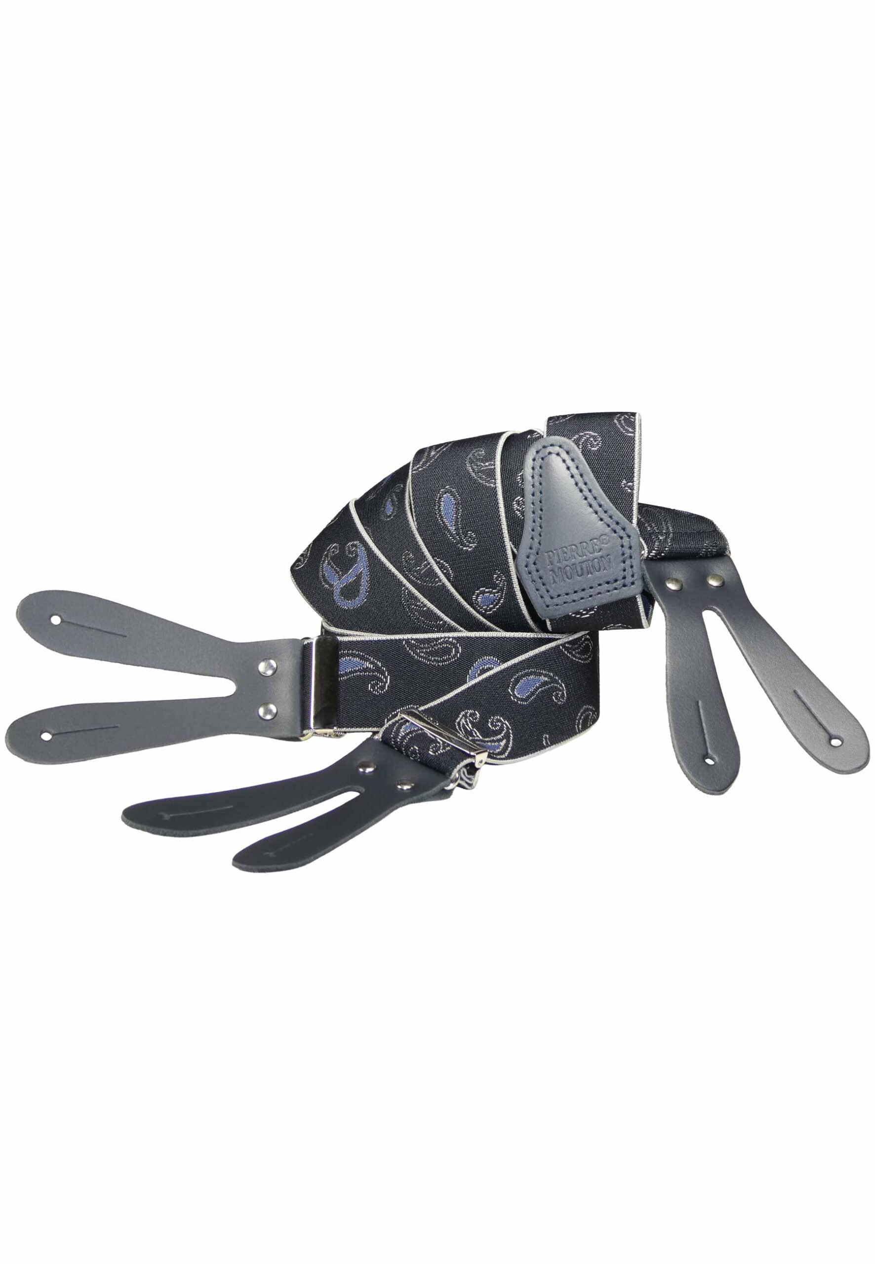 Blauwe paisley bretel met handgesneden lederen patten van Pierre Mouton.