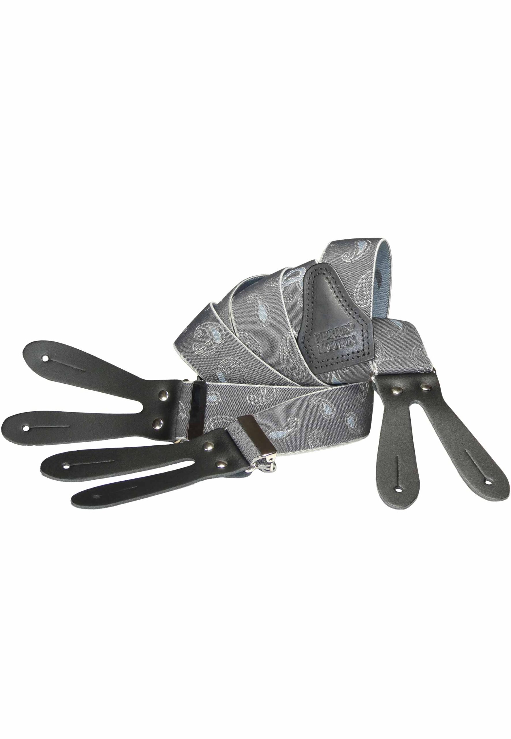 Grijze paisley bretel met luxe lederen patten, handgemaakt door Pierre Mouton.